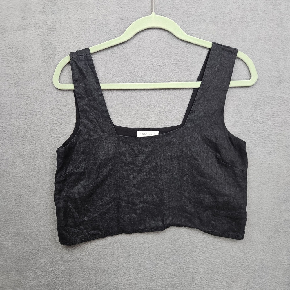Free Label Black 100% Linen Square Neck Crop Top Tank Size S Minimalist Coastal